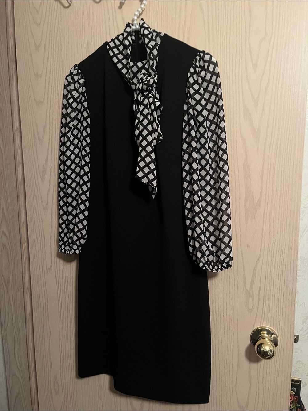 Calvin Klein Black Shift Dress with Black & White Geometric Tie-Blouse